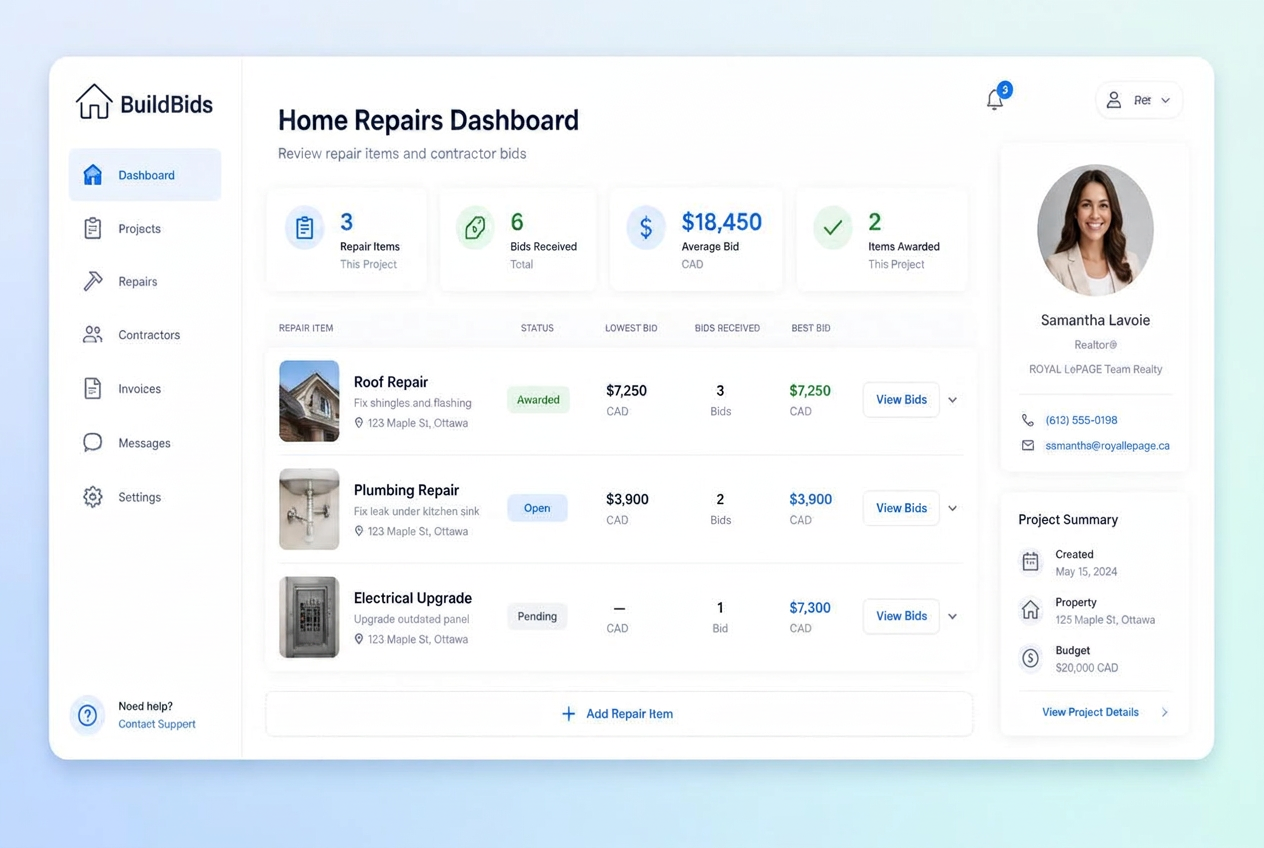 BuildBids dashboard showing repair items and competitive contractor bids