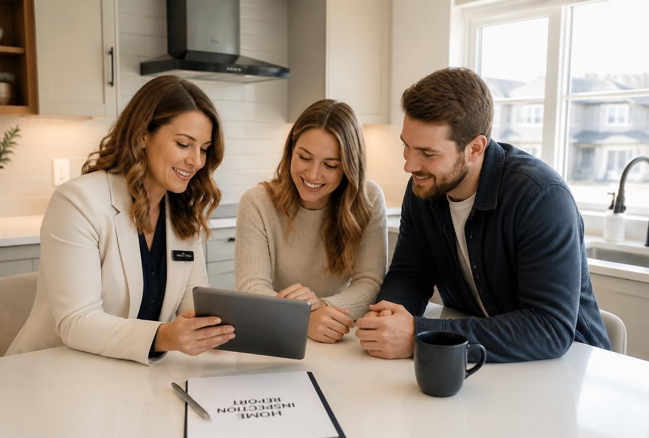 Realtor reviewing a home inspection report with clients on a tablet