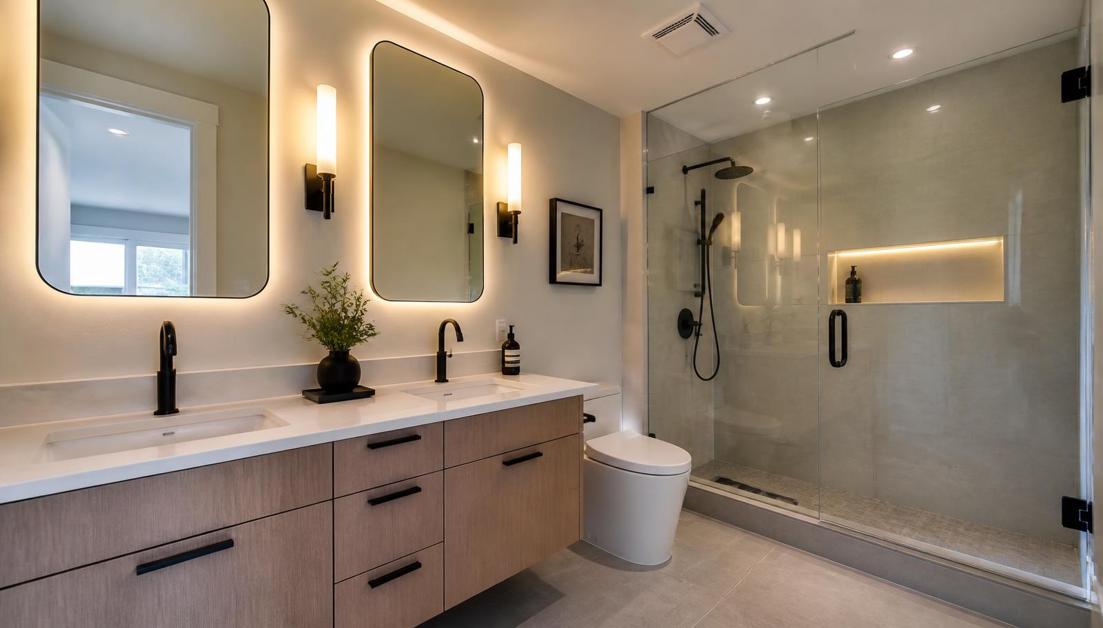 Completed modern bathroom renovation with walk-in shower